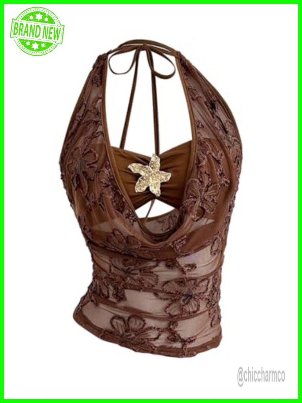 Women's Floral Draped Mesh Halter Top Sleeveless Ruched